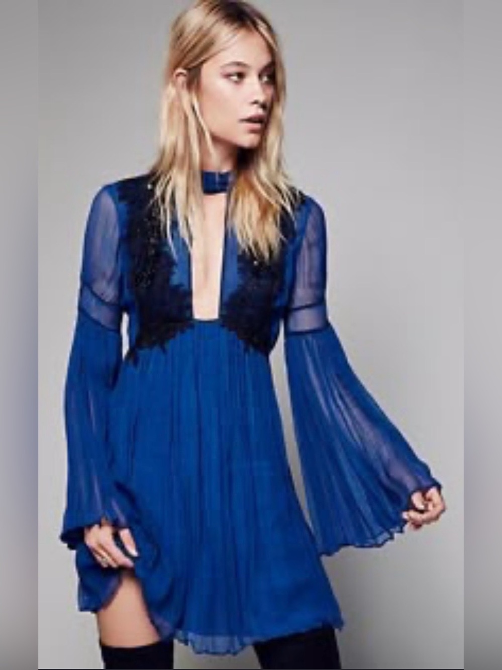 NWT Free People Madly Deeply Mini Dress Blue Lace Choker Bell Sleeve